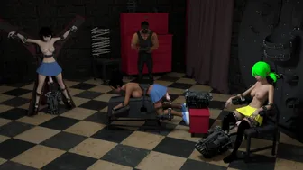 Strapped down college babes fucked by machines until they squirt on dungeon floor