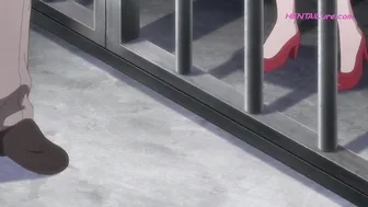 Hot MILF fucked against iron bars jailer join juicy threesome (Dubbed Hentai)